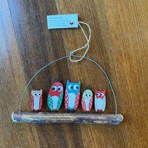 Hanging 5 Painted Metal Owls / Birds on Branch